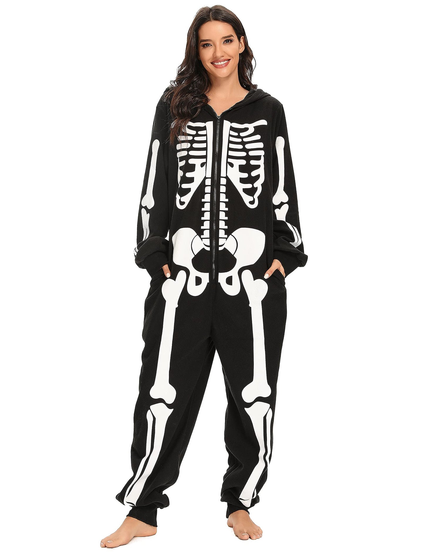 Padama Adult Halloween Skeleton Costume - Unisex Skeleton Plush Pajamas Onesie, Cozy Halloween Adult One Piece Skeleton Cosplay Costumes for Women M