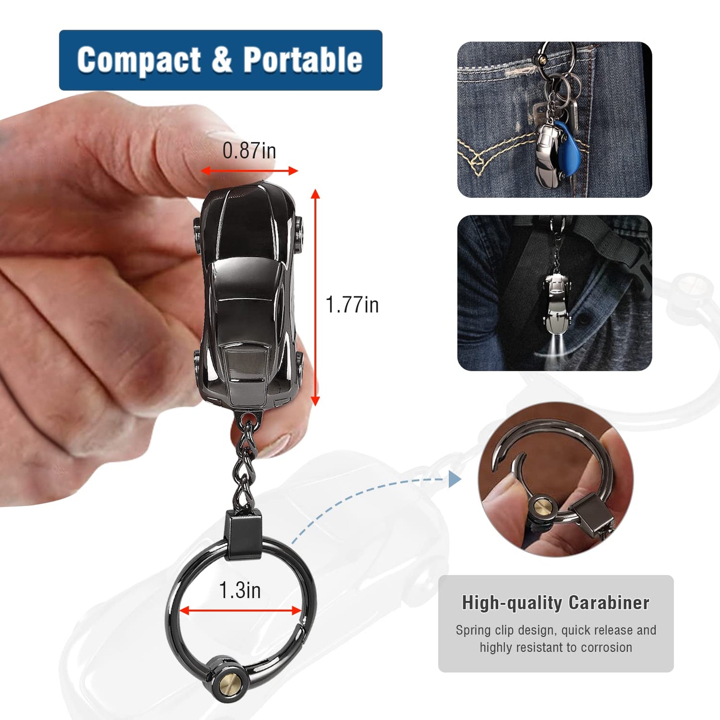 Jobon Creative Key Chain Car Keychain Flashlight with 2 Modes LED Lights 2 in 1 Car Key Chain Ring for Office Backpack Purse Charm,Great Gift for Men or Women (Gray)