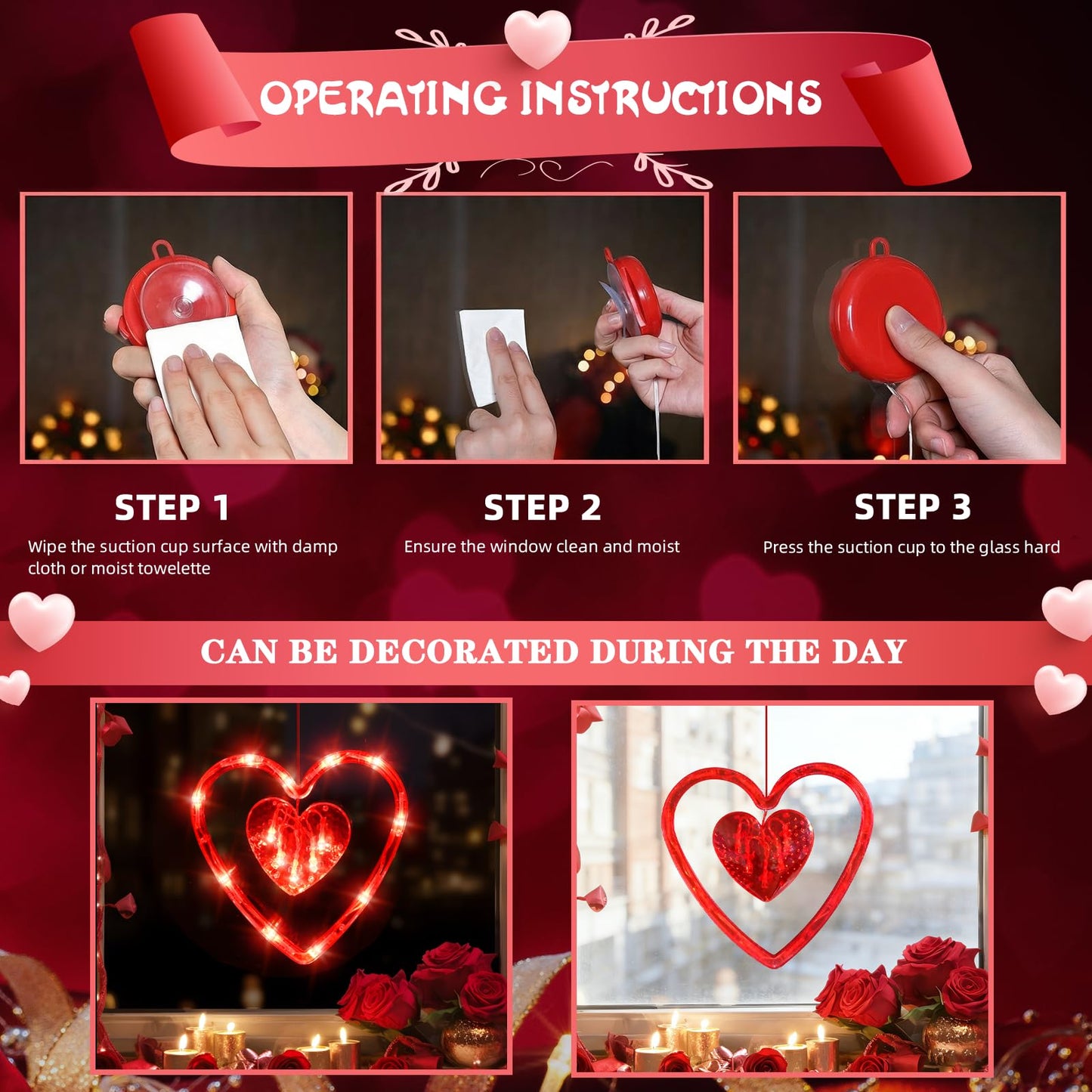 LOLStar Valentines Day Window Lights Decor with Timer, 3 Pack Battery Operated Red Heart-Shaped Window Decorations Silhouette Sucker LED Lamp Slow Fade Mode Romantic Light for 2026 Holiday Indoor Home