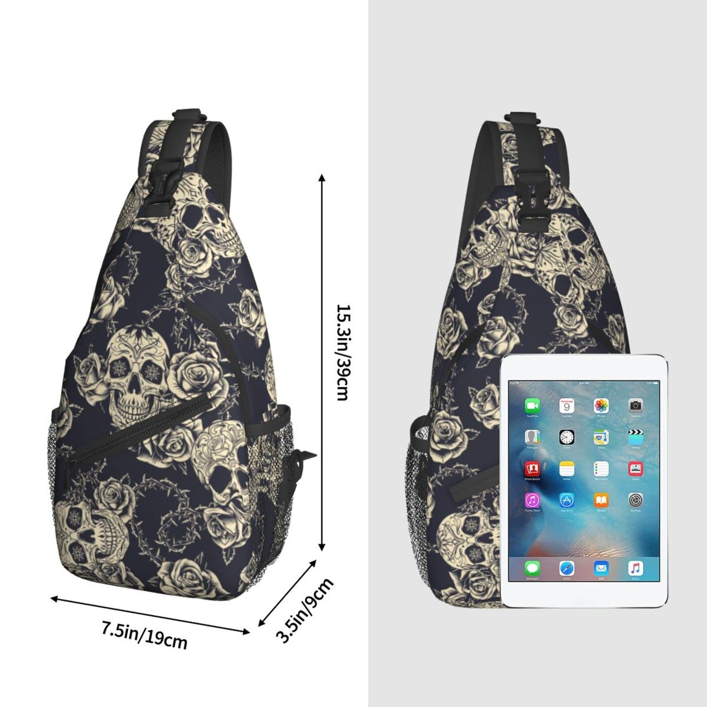 bassyil Skull Rose Sling Bag Crossbody Travel Hiking Chest Backpack Shoulder Daypack for Women Men