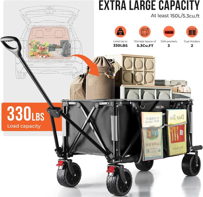 Overmont 150kg Festival Camping Trolley on Wheels - Heavy Duty Folding Wagon Cart with Extra Wide Wheels, 330lbs Capacity, Adjustable Handle, Portable for Outdoor, Garden, Shopping, Beach - Black