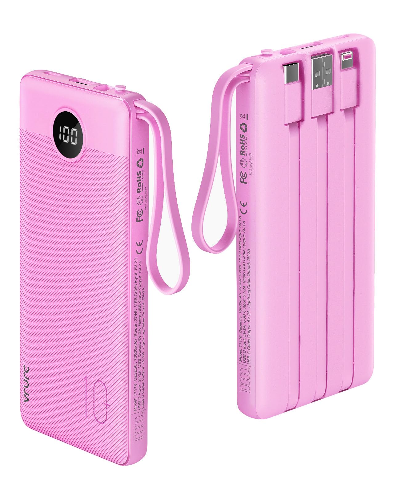 VRURC Portable Charger with Built in Cables, Slim Power Bank 10000mAh, USB C Battery Pack Travel Essential, 5 Outputs 2 Inputs Phone Charging Bank for iPhone 16 15 14 13,Samsung,Android-Black(1 Pack)
