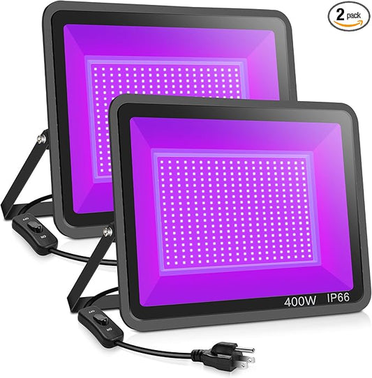2 Pack 400W LED Black Lights Outdoor, 395nm to 410nm Flood Blacklight Light with Plug, IP66 Waterproof for Dance Party, Glow in The Dark, Stage Lighting, Body Paint, Fluorescent Poster, Neon Glow