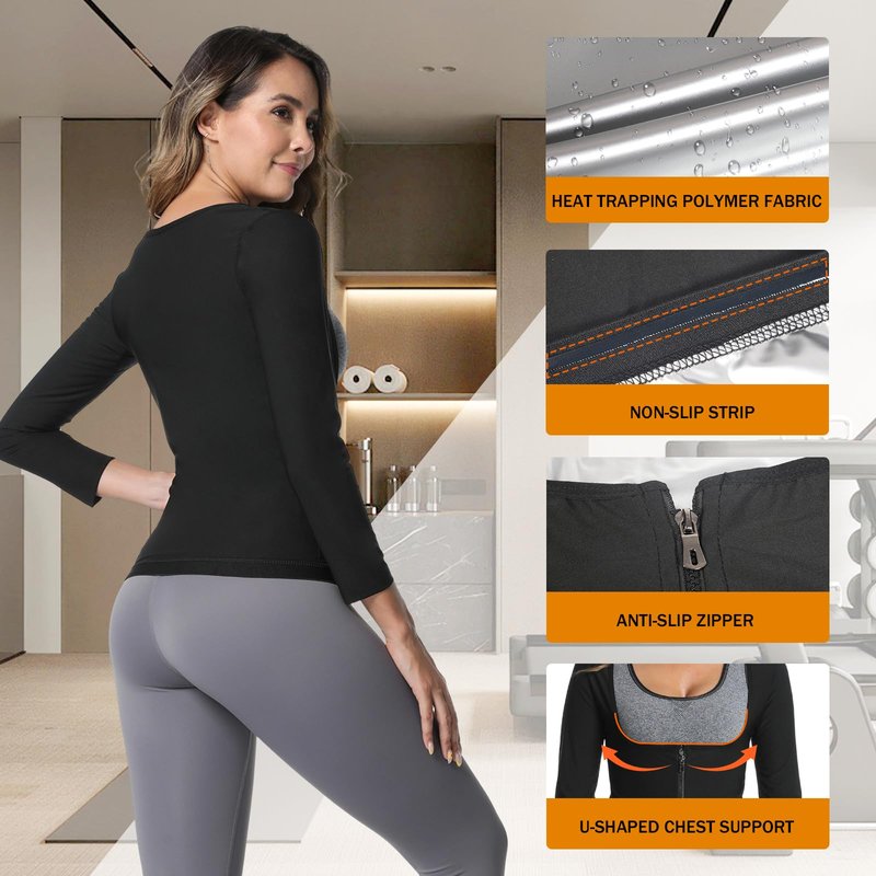 Towintec Sauna Suit for Women Heat Trapping Long Sleeve Sweat Suit Belly Fat Weight Loss Compression Shirts Waist Trainer Workout Body Shaper Tops with Zipper for Athletic Sports Training(Silver,L)