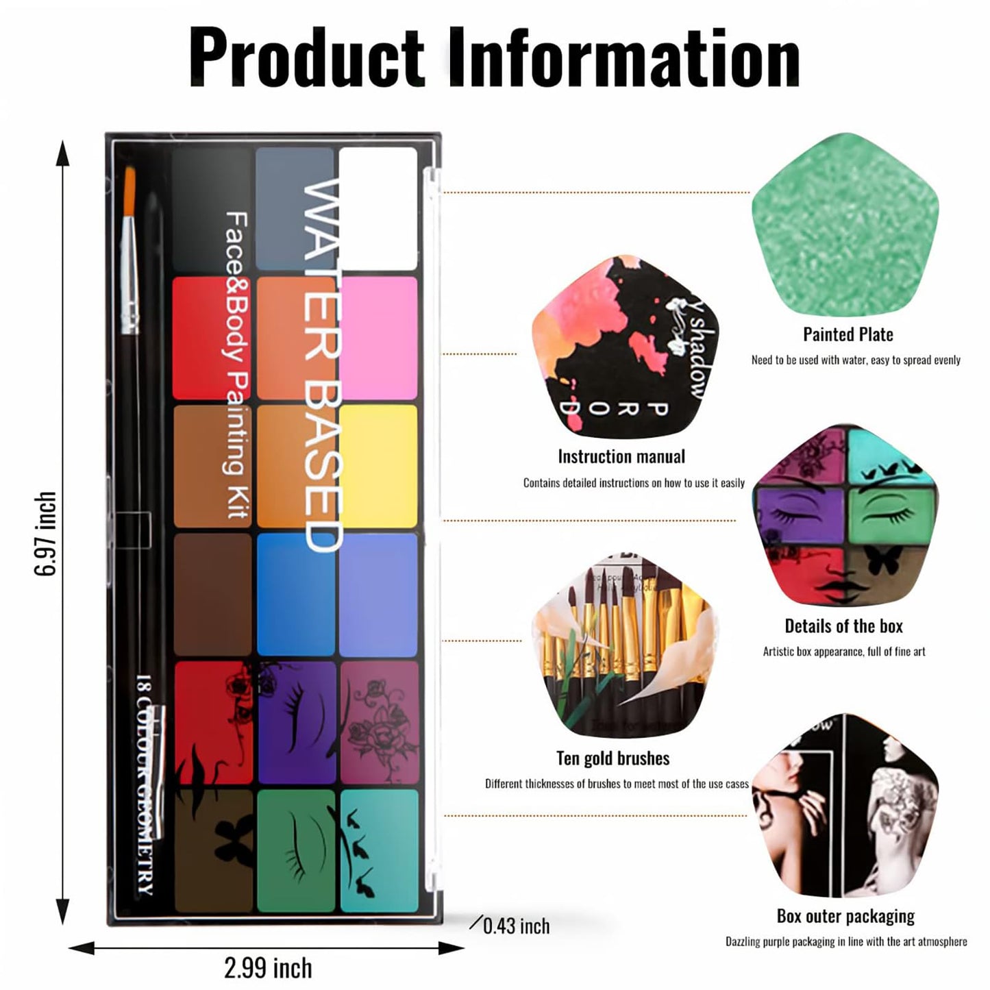 BRIMFULITE Face Painting Kit Non-toxic Body Paint Washable 18 Colors Facepaint Makeup Kit for Adults with 10 Face Paint Brushes for Halloween Party Cosplay Makeup (Color 001)