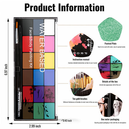 BRIMFULITE Face Painting Kit Non-toxic Body Paint Washable 18 Colors Facepaint Makeup Kit for Adults with 10 Face Paint Brushes for Halloween Party Cosplay Makeup (Color 001)