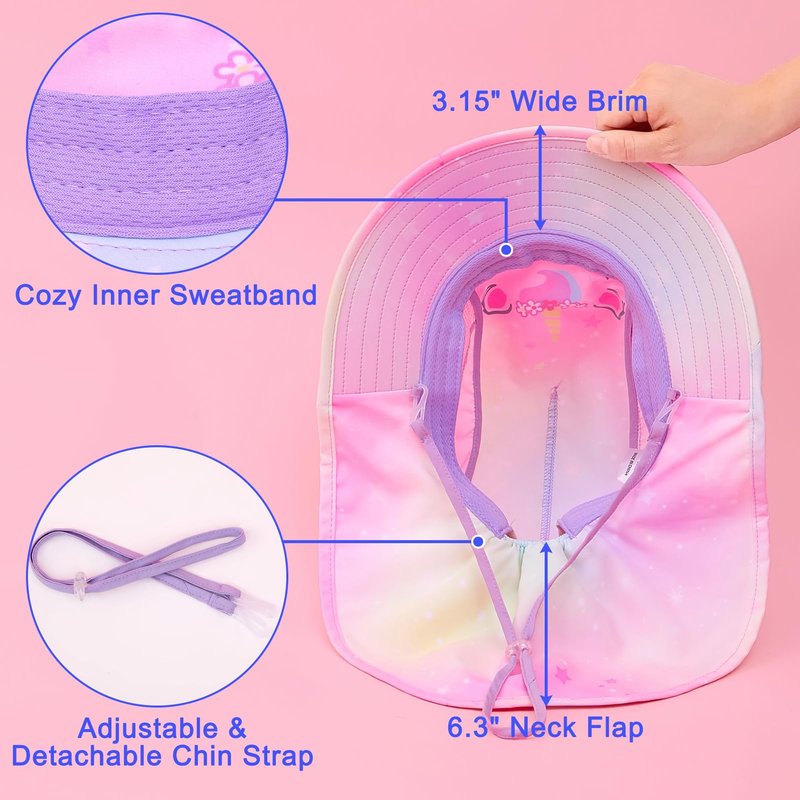 Kids Sun Hat UV Protection Summer Beach Play Hats Wide Brim Neck Flap for Girls Boys 2-9 Years, Pastel Pink Yellow