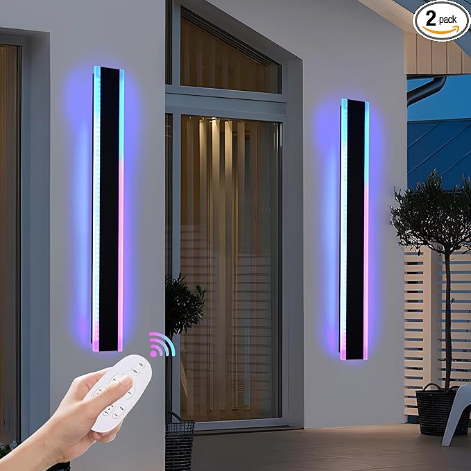 2 Pack RGB Outdoor Long Wall Lights, 60 inch Outside LED Long Lights, Dimmable Exterior Lighting Fixtures, Large Outside Linear Light Fixture for Patio, Garage, Porch, Front Door