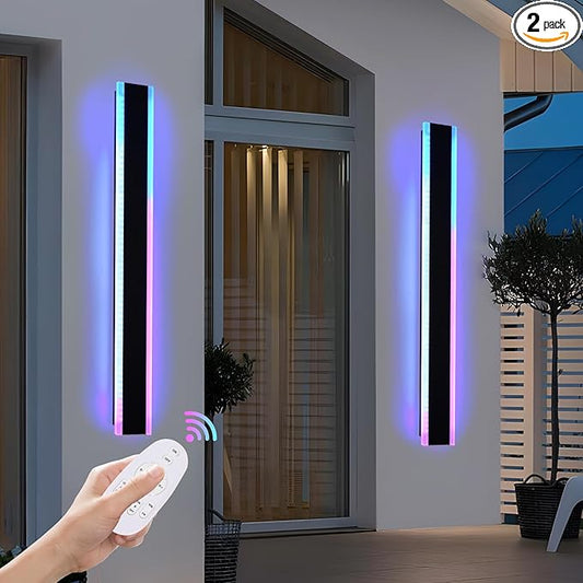 2 Pack RGB Outdoor Long Wall Lights, 60 inch Outside LED Long Lights, Dimmable Exterior Lighting Fixtures, Large Outside Linear Light Fixture for Patio, Garage, Porch, Front Door