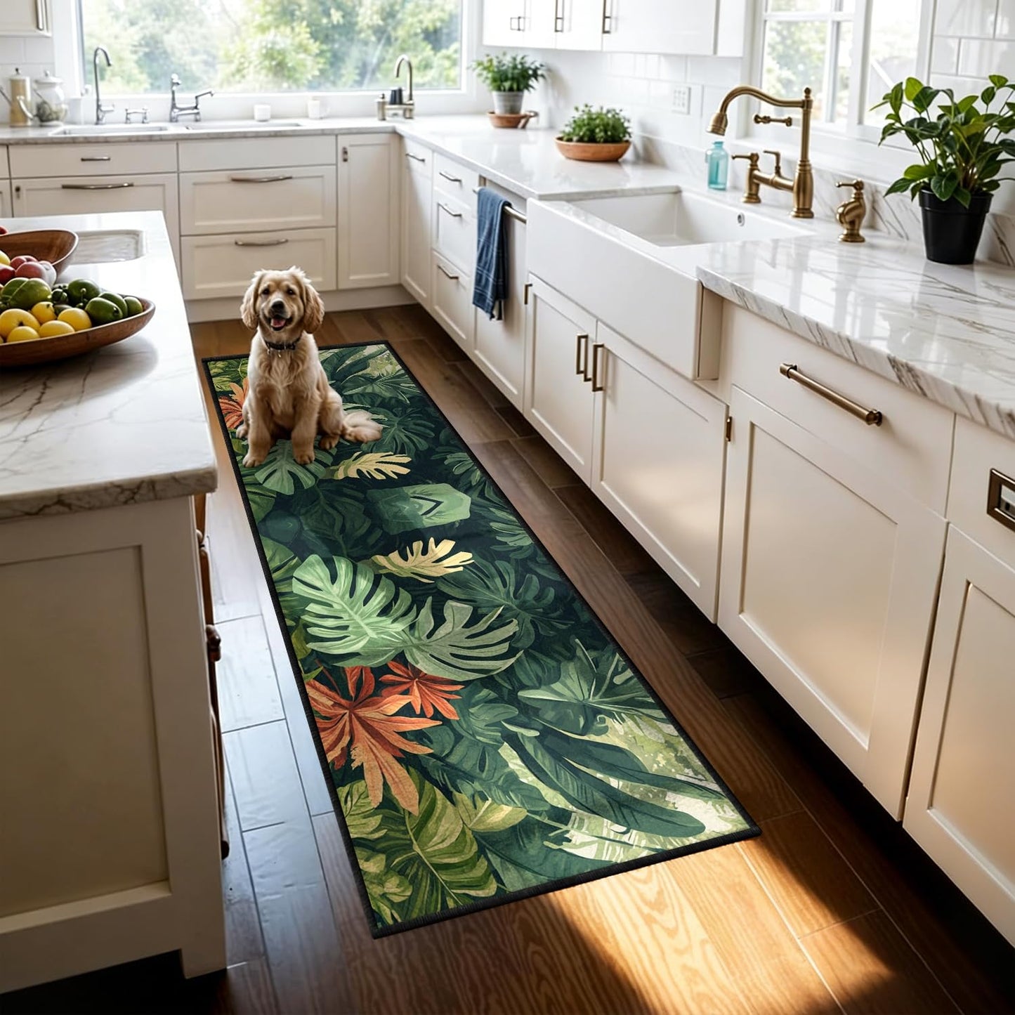 Tropical Leaves Runner Rug, 2x7ft, Hawaiian Bohemian Palm Leaf Monstera Plant Runner Hallway Rug, With Rubber Backing Green Leaf Soft Floor Rug for Bedroom Kitchen Dining Room Laundry Room - Green