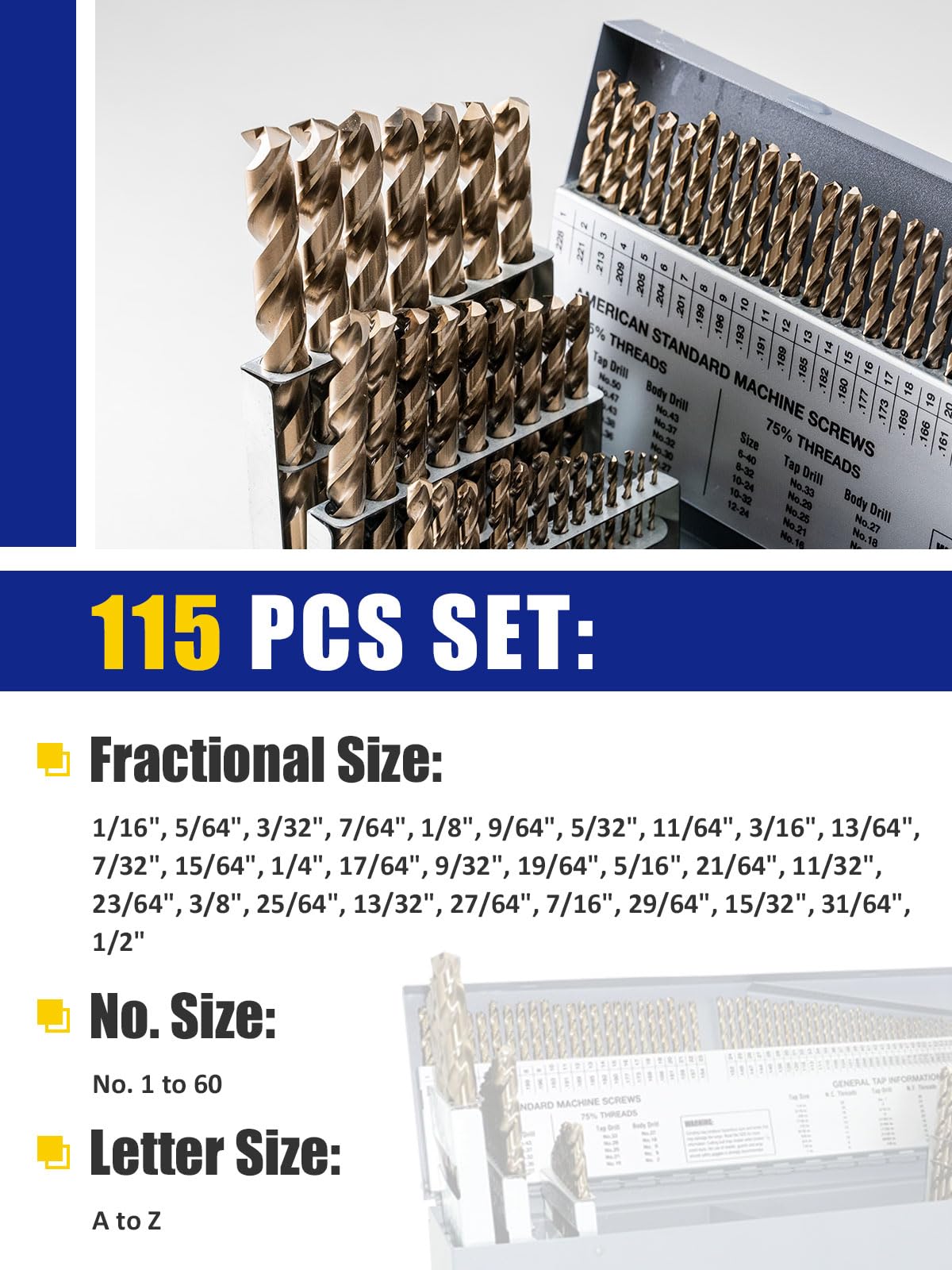 JEFE HEX 115 Pcs Cobalt Drill Bit Set, All M35 HSS Drill Bit Sets, 135° Split Point, Fractional Sizes 1/16" to 1/2", Letters A-Z, Wire Sizes #1 to #60, Durable Metal Indexed Storage Case