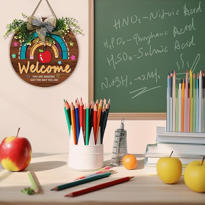 Teacher Classroom Door Sign Wooden Welcome Door Sign for Classroom Apple Star Flower Teacher Wreath for Classroom Door Rainbow Hanging Plaque Kids Classroom 12 inch