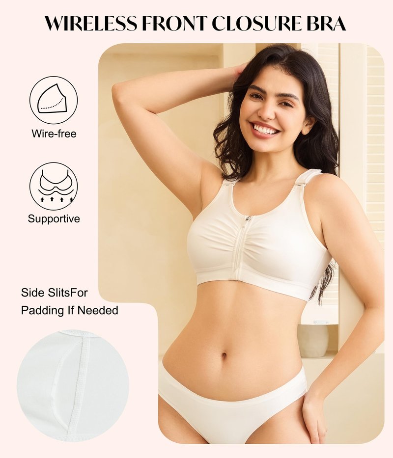 CYDREAM Front Zip Closure Bras for Women No Underwire - Wireless Comfort Compression Support Adjustable Everyday Bra (US, Alpha, Large, Regular, Regular, White)