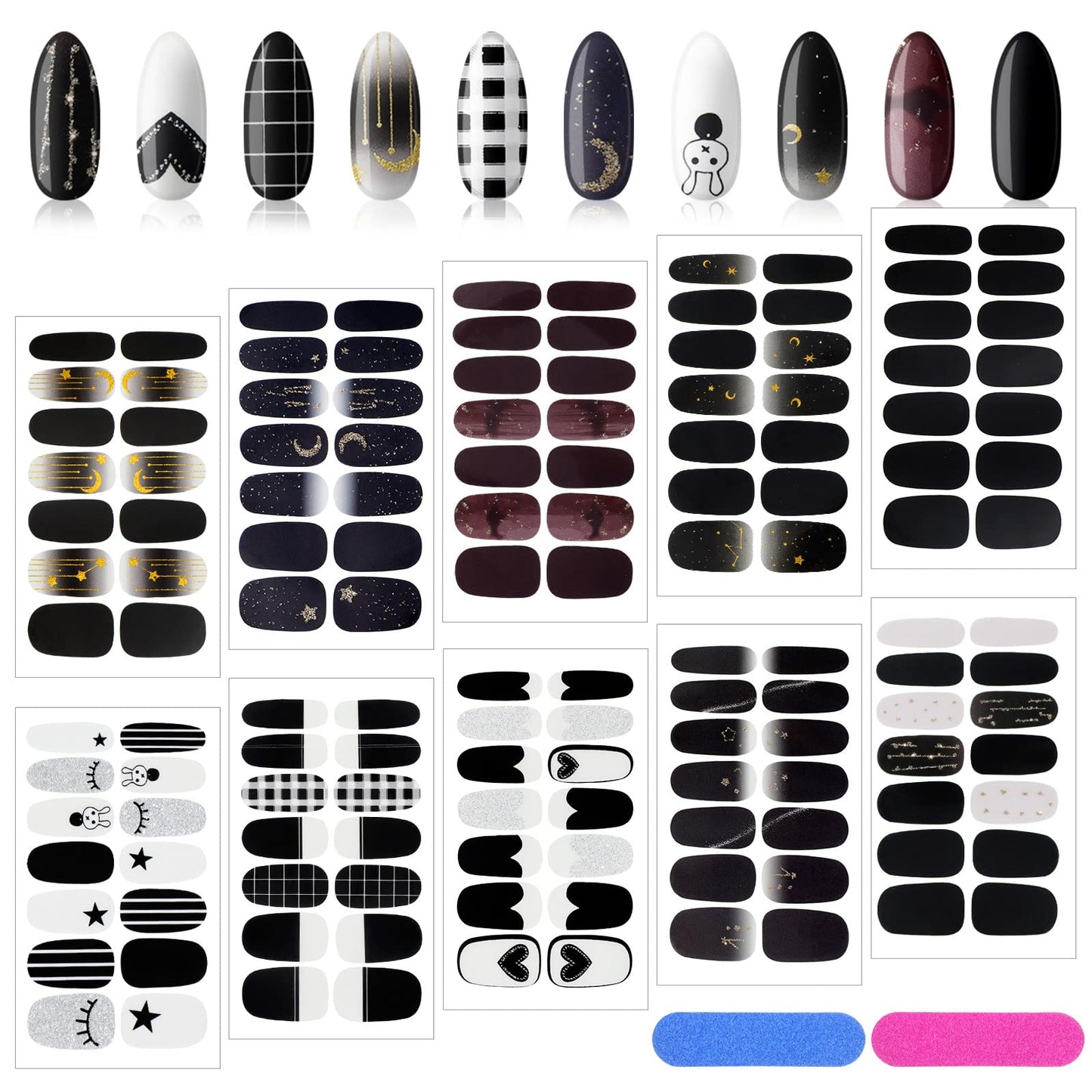 140 Pcs 10 Sheets Black Full Wrap Nail Stickers Polish Strips Gradient Stickers Glitter Self Adhesive DIY Art Decals Strips with 2 Pcs Nail Files for Halloween Decor (Retro Style)
