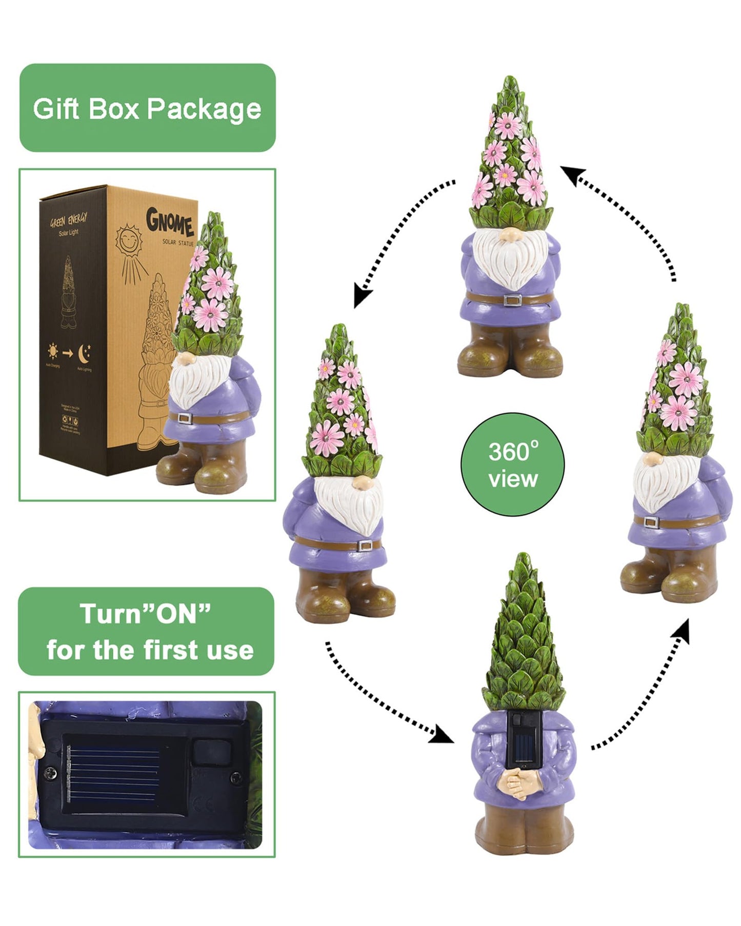 Nacome Solar Garden Outdoor Statues Gnome with Succulent and 7 LED Lights - Lawn Decor for Patio, Balcony, Yard Ornament for Mom Grandma Women