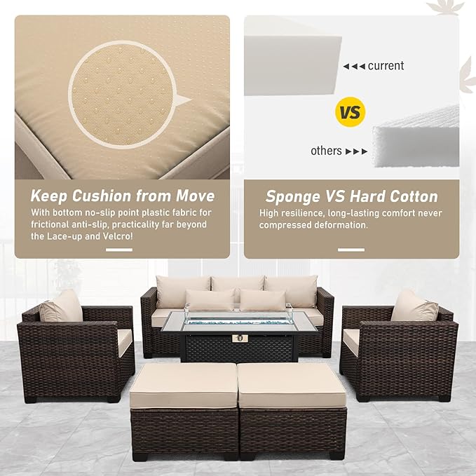 6 Pieces Outdoor Furniture 60000BTU Outdoor Propane Fire Pit Wicker Patio Furniture Set 45" Steel Fire Table Anti-Slip Cushions Waterproof Covers, Khaki