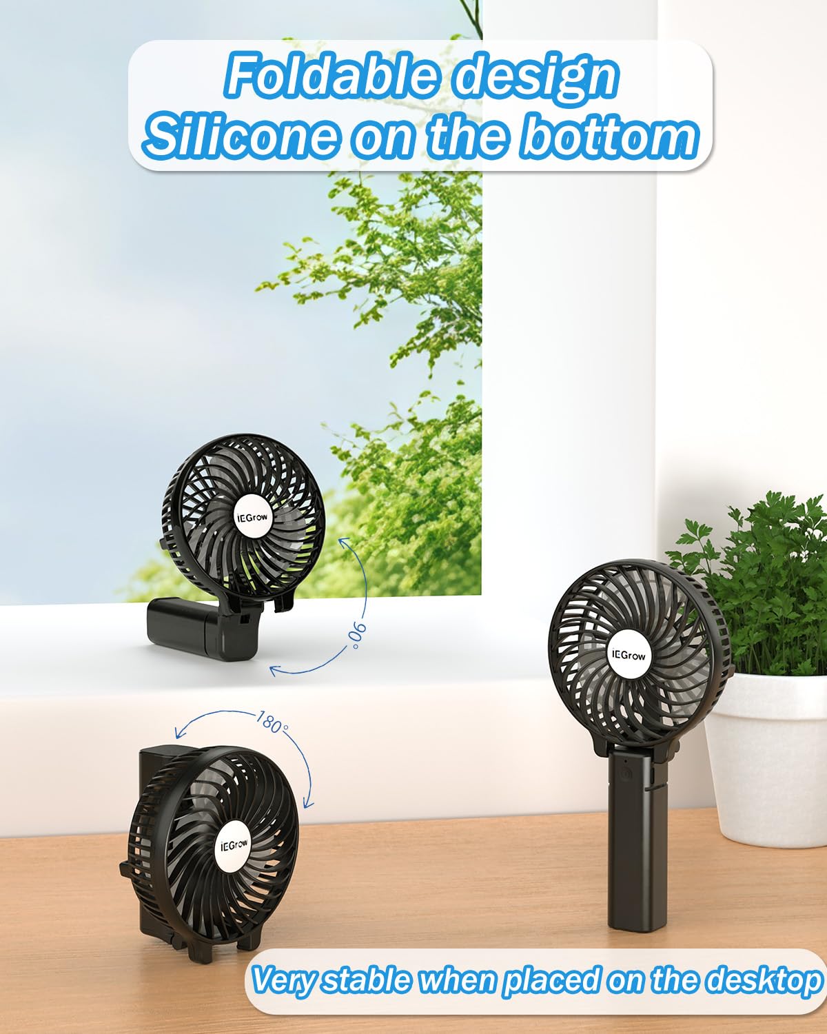 iEGrow Handheld Fan, Portable USB Mini Travel Fan with 2000mAh Rechargeable Battery, 3 Speeds Desk Fan for Home, Office and Travel-Black