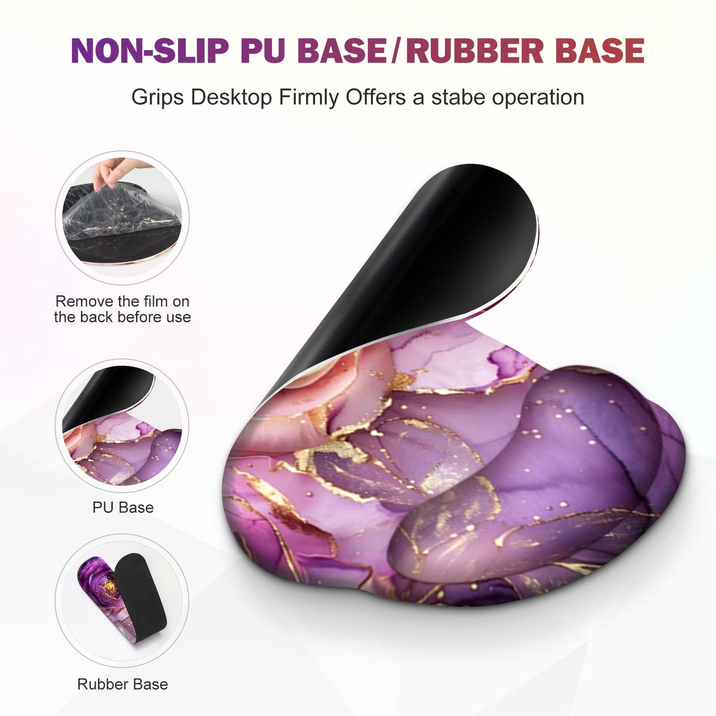 Gaming Mouse Pad, Large Desk Mat, Cute Desk Pad Protector, 4in1 XXL Mousepad + Keyboard Wrist Rest+Mouse Wrist Rest+Coaster Set with Ergonomic Desk Pad for Home Office PC, Marble Rose Purple Flowers