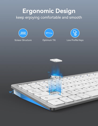 TECKNET 2.4G Wireless Keyboard, Small Keyboards with Media Hotkeys, Ultra Slim Compact Wireless Keyboard, 12-Month Battery Life, Compatible with PC, Desktop, Laptop, Smart TV - Silver
