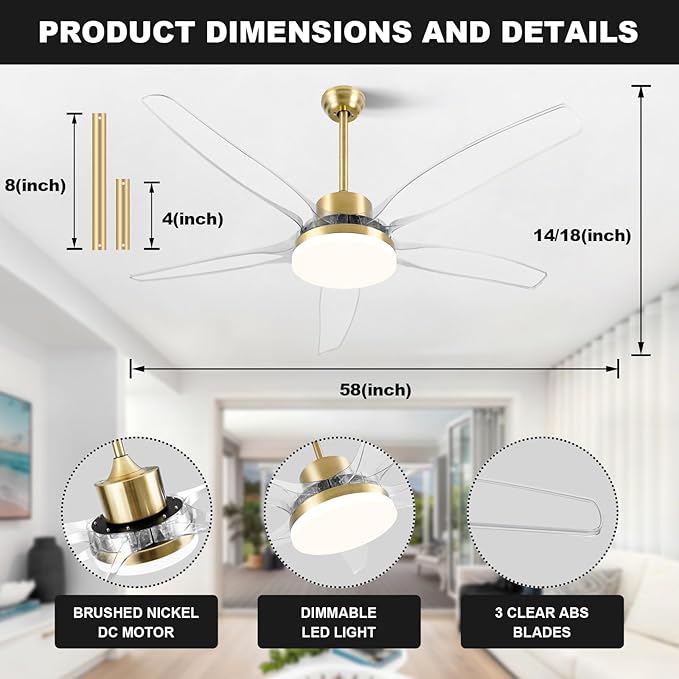 OKELI Clear Ceiling Fan with Light, 58 Inch Gold Transparent Ceiling Fans with Light and Remote 3 Reversible Blade LED Ceiling Fan and Light Combo for Living Room, Bedroom, Patio