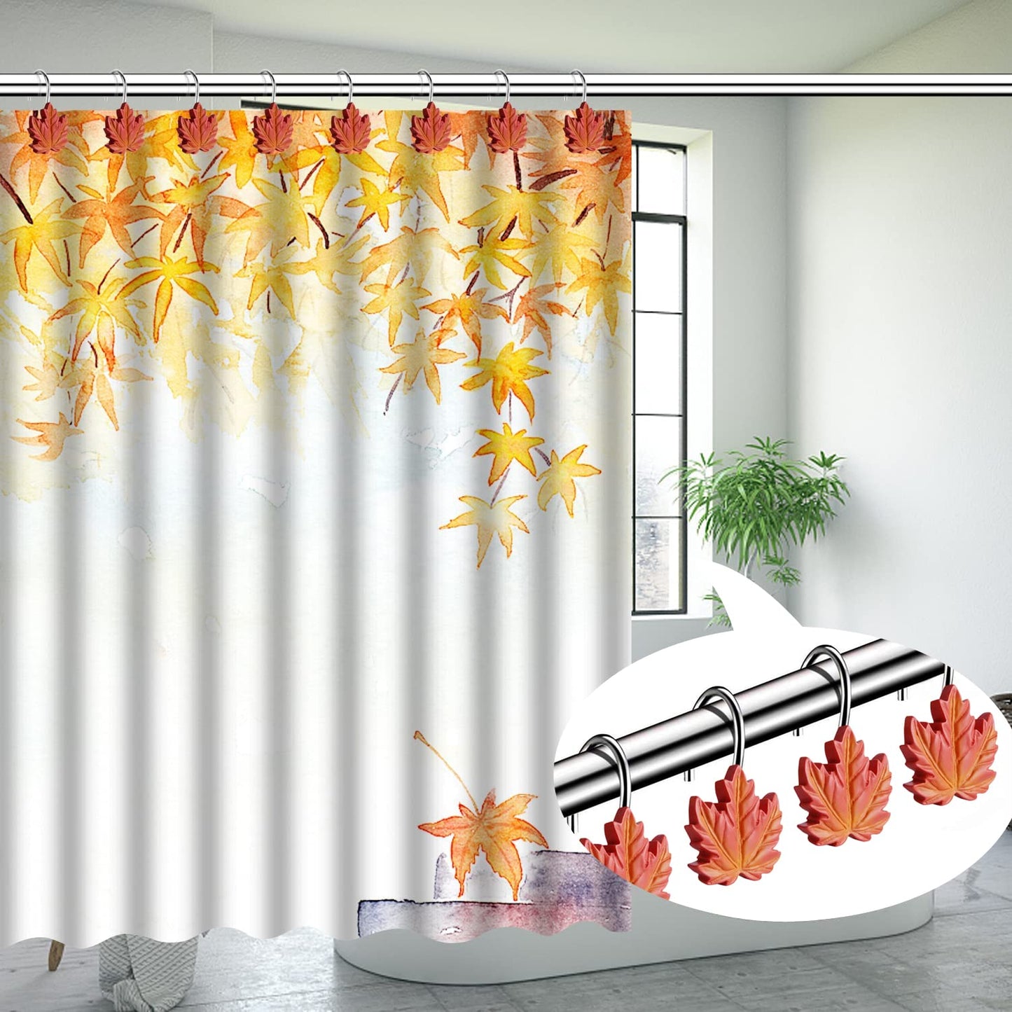 Maple Leaf Decorative Shower Curtain Hooks Rings for Fall Autumn Bathroom, Metal Shower Curtain Hooks for Halloween Thanksgiving Theme Bathroom Decoration (Red Maple Leaf)