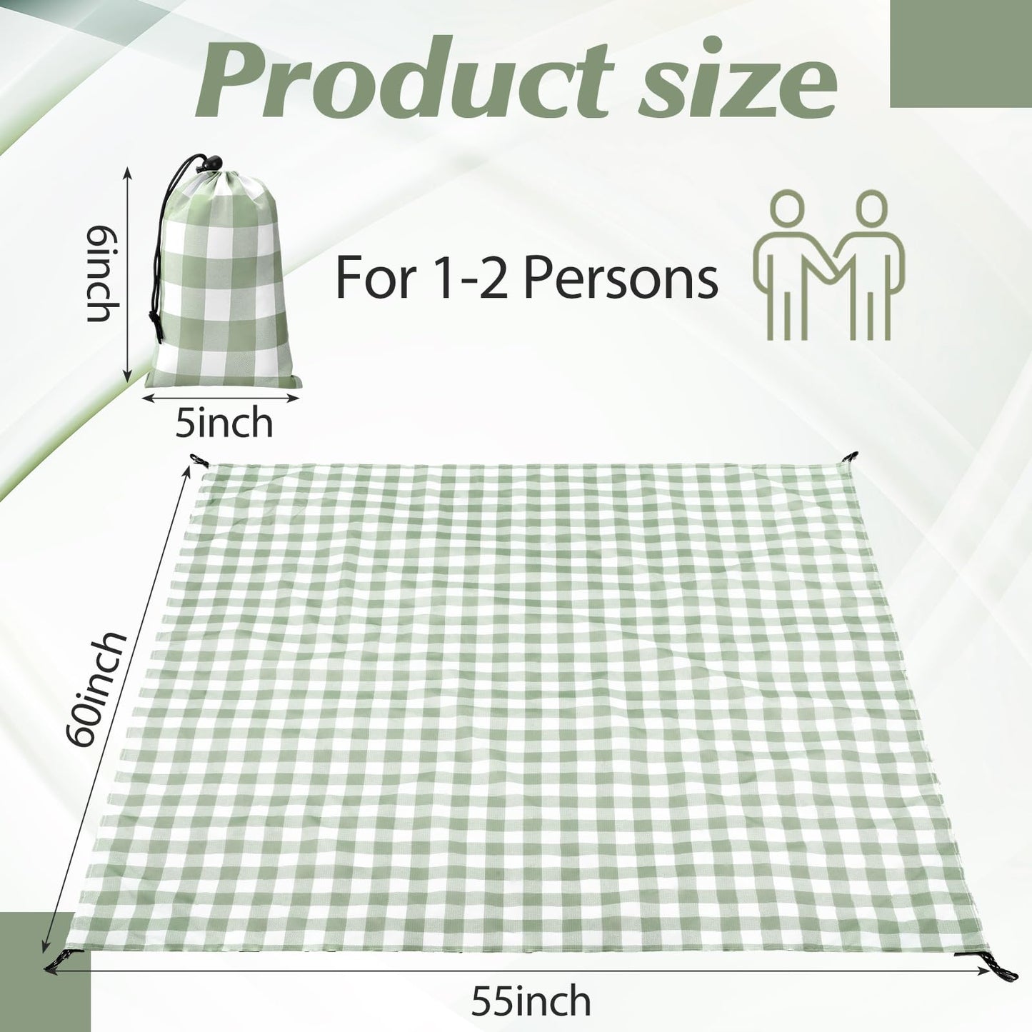 HunnmingRe Lightweight Green Gingham Pocket Picnic Blanket with Storage Bag 55 x 60inch Waterproof Cute Packable Sandproof Beach Mat Compact Washable Picnic Mat for Outdoor Hiking Camping Travel