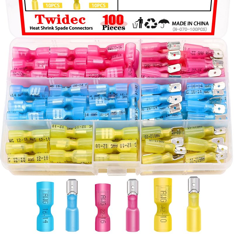 Twidec/100PCS Heat Shrink Spade Connectors Kit 22-10 AWG Female and Male Spade Terminlas Quick Disconnect Connectors Fully Insulated Electrical Wire Crimp Connector for Automotive Marine N-070-100PCS