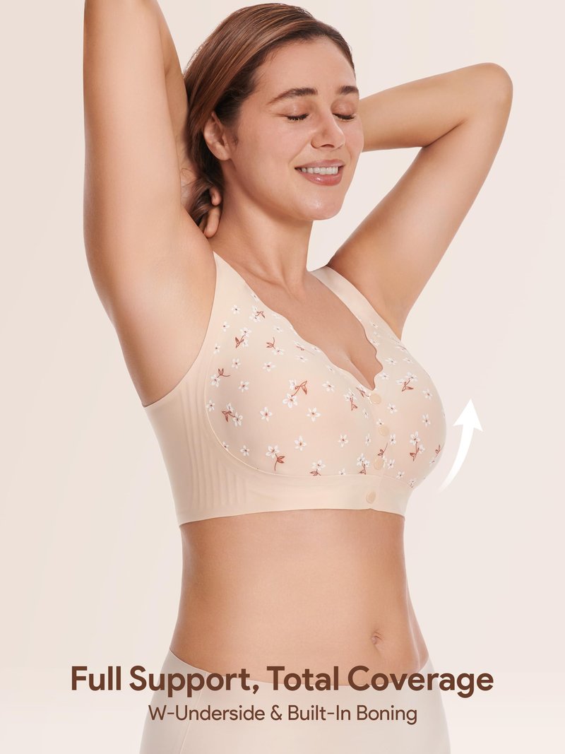 Wireless Daisy Jelly Bras for Women, Front Closure Seamless Bra Post Surgery Comfort No Underwire Push Up Bralettes Beige