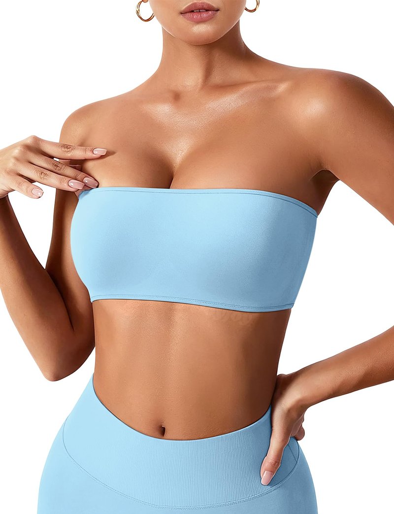 VOYJOY Impact Backless Bandeau Bra Workout Strapless Basic Tank Top Adjustable Back Bandeau Shirts Summer Going Out Tops Ice Blue