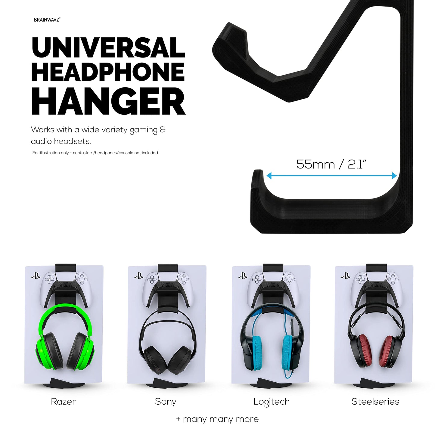 BRAINWAVZ PS5 Game Controller & Headphone Hanger Console Mount for PlayStation PS5 DualSense Gamepad, Hook-On Hanger Bracket (Black)