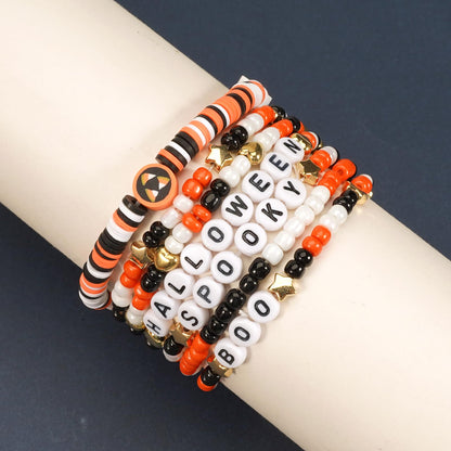 Ardorchid Halloween Bracelets for Women Spooky Boo Beaded Stackable Letter Bracelet Boho Clay Heishi Bracelets Halloween Party Jewelry