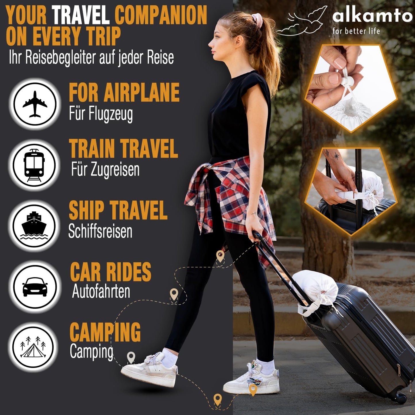 Alkamto Travel Pillow-Camping Pillow-Orthopedic Neck Support Memory Foam Pillow with Temperature Regulating Pillowcase-Extra Cotton Cover-Carry Bag-Small pillow for travel by car,plane,train and hotel