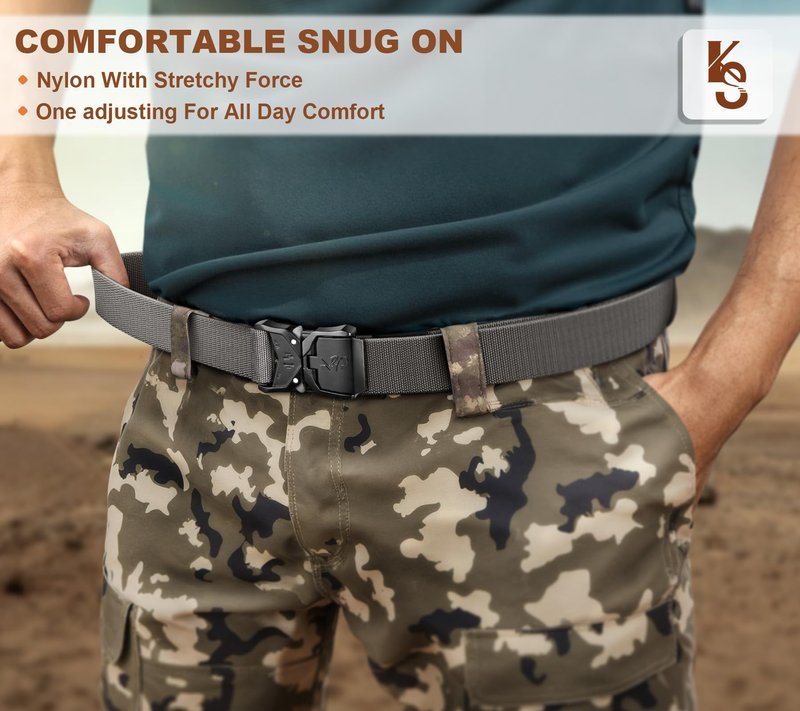 KEMISANT Men Tactical Belt,Stretch Nylon Belt Adjustable for Rigger Military Heavy Duty Work 1.5"-Quick Release(Black/Light Gray,28"-32" Waist Adjustable)