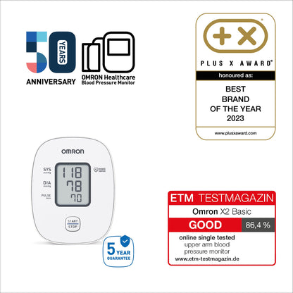 OMRON X2 Basic Automatic Upper Arm Blood Pressure Monitor for Home Use - Clinically Validated BP Monitor with Irregular Heartbeat Detection - BP Machine with BP Cuff 22-32 cm - Batteries Included