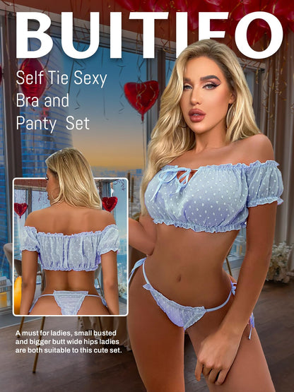 Buitifo Women Lingerie Set Lace Babydoll Self Tie Sexy Bra and Panty Pajamas Set (Blue,XL)