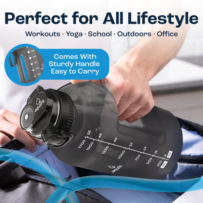 AQUAFIT 64 oz Water Bottle with Time Marker, Half Gallon Gym Bottle with Straw, Handle & 2-in-1 Lid