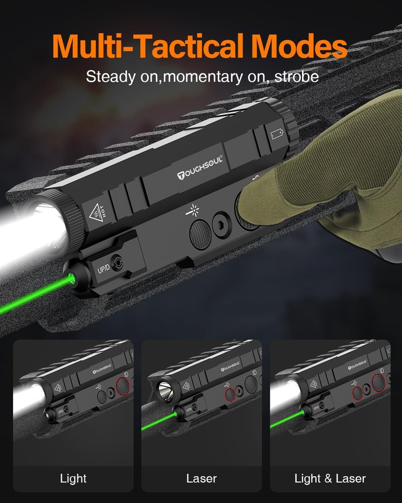 ToughSoul Mlok Flashlight Laser Sight Combo - 1450 Lumen Brightness with Green Laser & Strobe Function | Replaceable Battery Included
