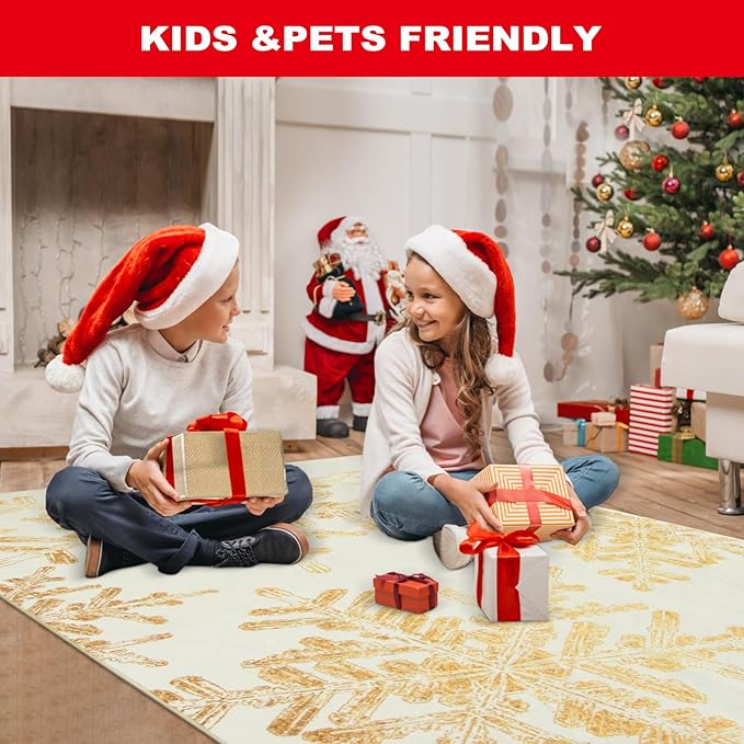 Lahome Snowflake Christmas Rugs for Entryway, 2x3 Christmas Kitchen Rugs Non Slip Merry Christmas Door Mat Indoor, Washable Small Rug Holiday Decor Carpet for Bathroom Entry Bedroom(2x3ft,Gold)