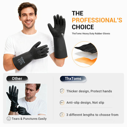 ThxToms Heavy Duty Rubber Gloves, Industrial Chemical Resistant Gloves Waterproof Reusable Protective Work Gloves for Cleaning, Dishwashing,Anti-Slip Design, Soft and Thick, Black, 14" 1 Pair
