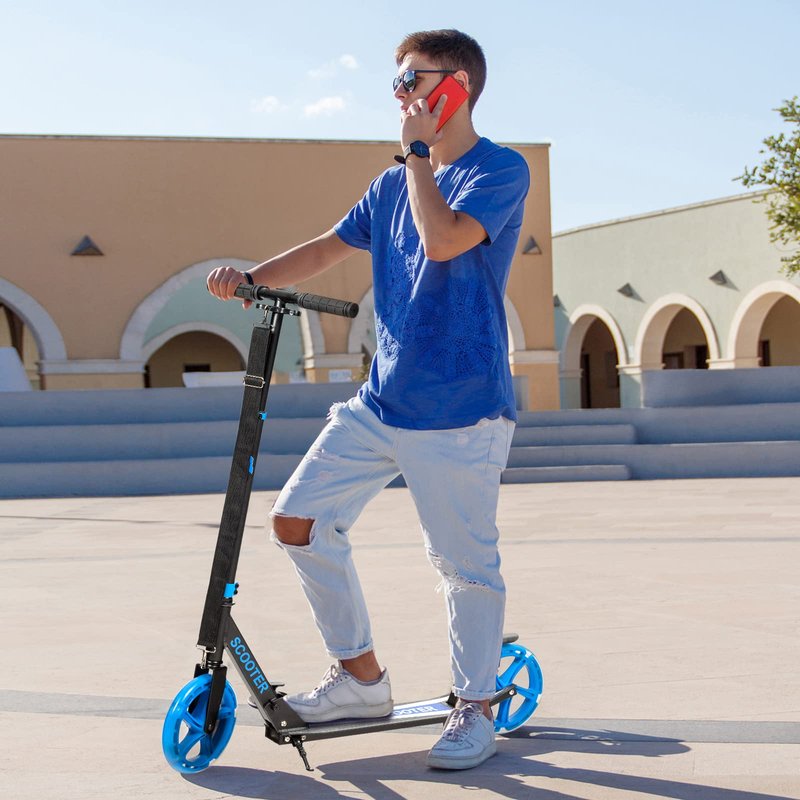 GYMAX Scooter for Adults, 220LBS Folding Aluminum Scooters with LED Flashing Wheels, Carrying Straps, Adjustable Handlebar & Kickstand, Quick Release Portable Kick Scooter for Teens, Youth (Black)