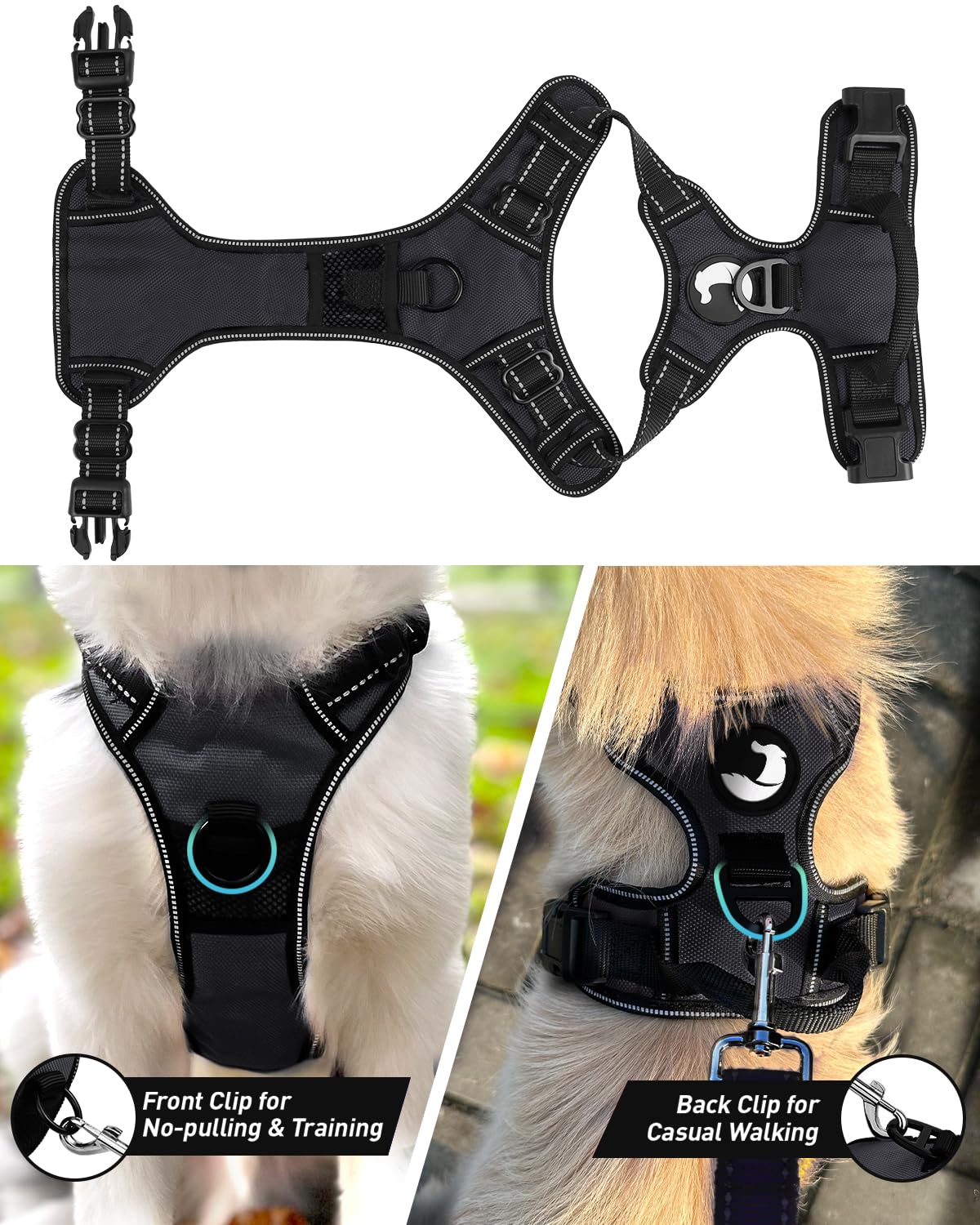Joytale No Pull Dog Harness Medium Sized Dog, Reflective Pet Vest with Front Clip, Adjustable Soft Padded Harnesses with Easy Control Handle for Training and Walking, Black, M