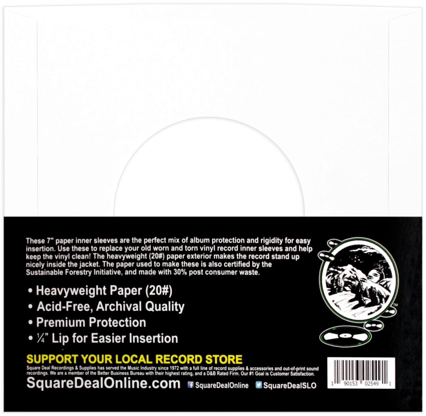 (50) Square Deal Recordings & Supplies 7 Inch Record Paper Inner Sleeves - White Archival Acid Free - #07IW - 50 Sleeves