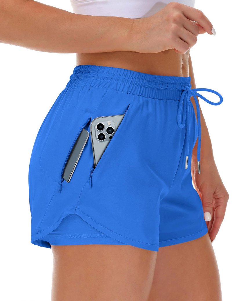 Mancreda Women's Running Shorts with Liner 3 Zipper Pockets Elastic Workout Athletic Gym Yoga Shorts(RB,L)