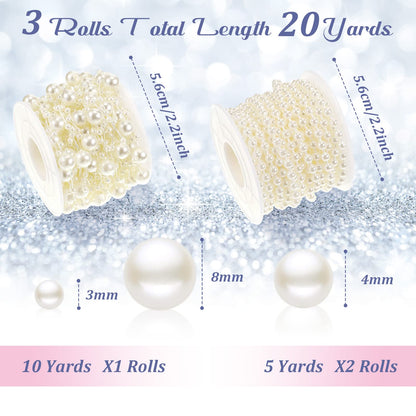 Bonuci 3 Rolls 66 Feet Pearls String Garland Decoration Artificial Beads Chain for Christmas Tree Faux Pearl Garland Roll Strand for Crafting String of Flowers Wedding(Ivory,4mm)