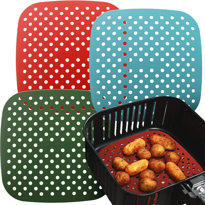 Reusable Square Silicone Air Fryer Liners (8.5 Inch, 3 Pack) by Linda’s Essentials - Non-Stick, Easy-Clean Accessories with Cheat Sheet & Recipe Book, Perfect for Quick Meals