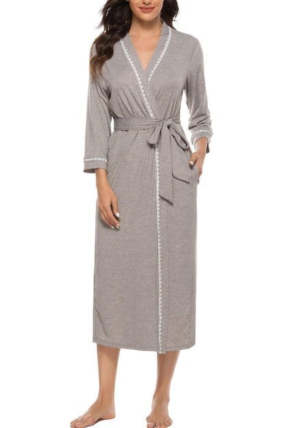 Vlazom Womens Dressing Gown Soft Kimono Robe V-Neck Long Knit Bathrobe Nightwear Sleepwear for All Seasons, Grey, XL