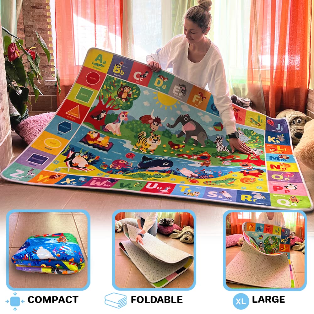 QUOKKA Baby Play Mat For Floor - 112x150 cm ABC Rug For Kids - Extra Thick (0.8cm) - Non-Slip Padded Nursery Mat for Crawling & Fun - Toddlers & Infants Foldable Gift Rug