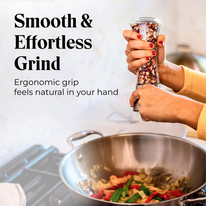 Willow & Everett Salt and Pepper Grinders - Set of Premium Stainless Steel Mills w/Stand – Tall Shakers w/Adjustable Coarseness - Salt & Pepper Mills w/Lids