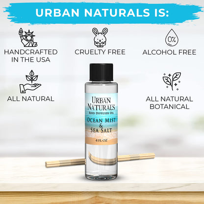 Urban Naturals Ocean Mist & Sea Salt Scented Oil Reed Diffuser Refill | Includes a Free Set of Reed Sticks! 4 oz.