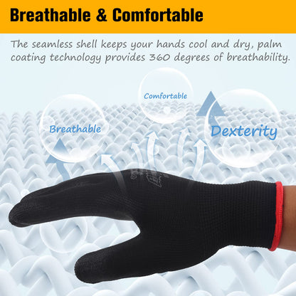 Rainberg Pack of 12 or 24 Safety Gloves, Work Gloves, with Secure Grip on Palm & Fingers, PU and Nylon Non-Slip Gloves, Ideal for General Duty Work, Gardening. (Pack of 24 Pair's, Large)